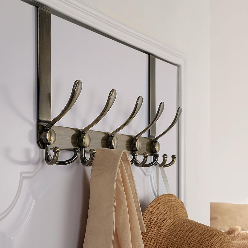 Dseap Over The Door Hook Hanger - Fits 1 3/8" to 1 3/4" Standard Doors | 5 Tri Hooks Heavy Duty Towel/Coat Rack | Door Organizer for Clothes, Jackets, Hats, Towels, Bronze, Pack of 2 - Image 3